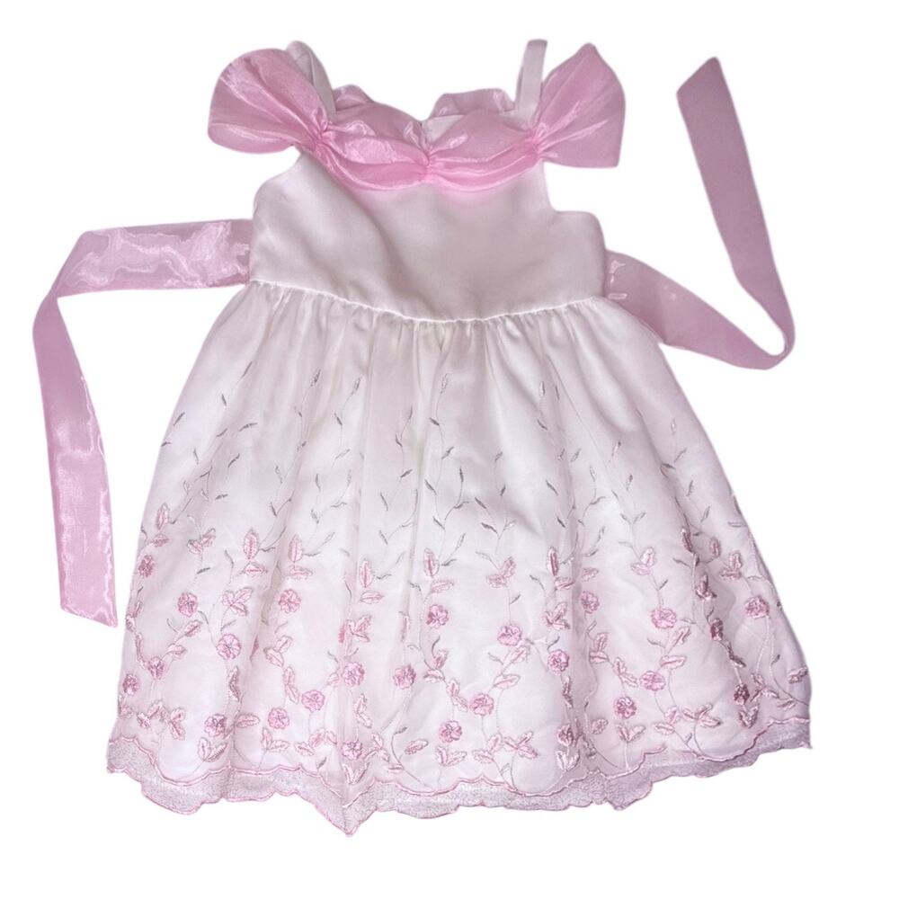 Monega Girls Party Dress Embroidered Fit Flare White Pink Floral Tulle Bow Waist